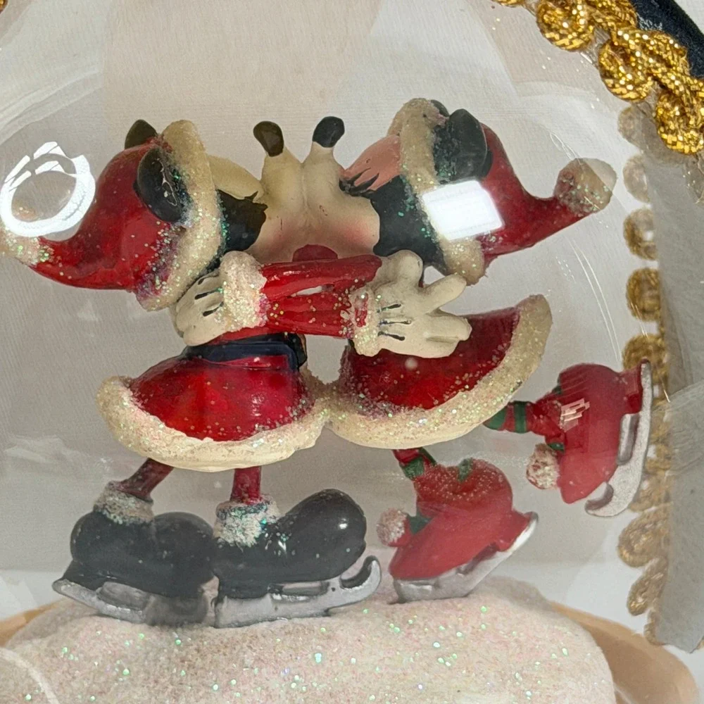 Disney Mickey Minnie Kissing Christmas Ornament Mistletoe Snow Globe Style